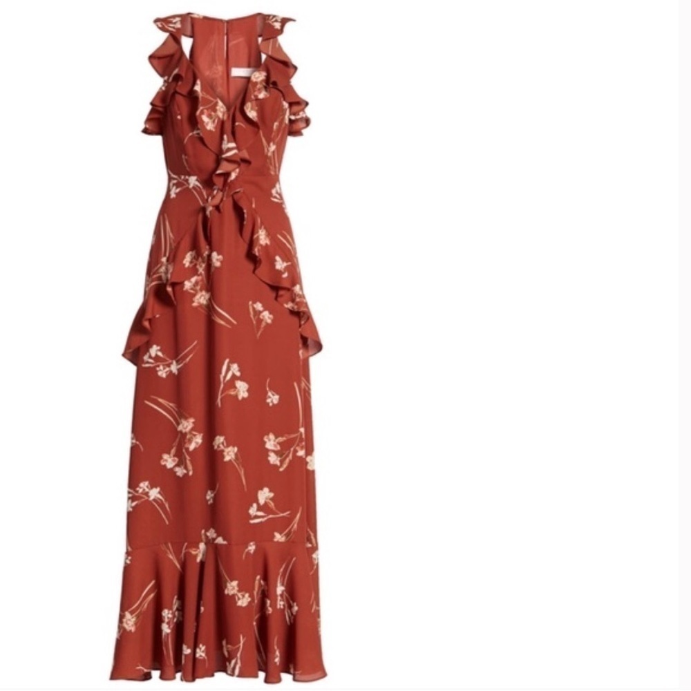 ASTR The Label Ruffle Maxi Dress Brown Spice Floral Size Large